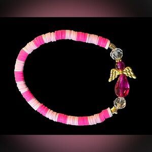 Angel Charm Pink And White Heishi Beads Stretch Bracelet Gold Tone New